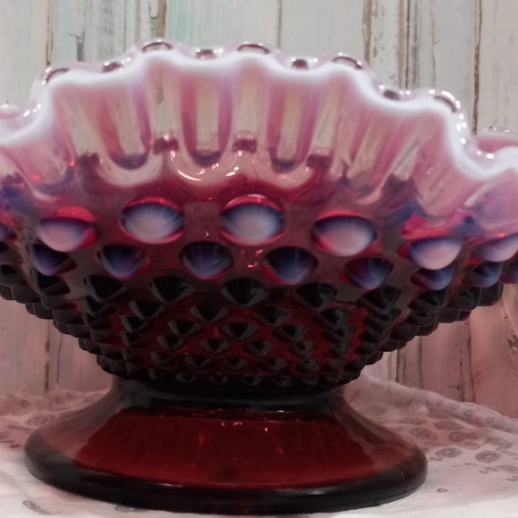 Fenton Plum Opalescent Hobnail Candlestick Holding Bowl - Picture 5 of 10